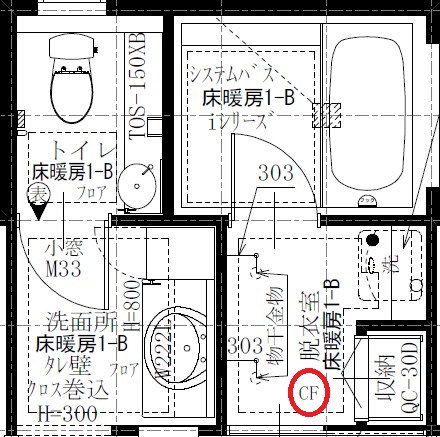 フロアコーティングを施工することからフローリングを採用した水回りの平面図