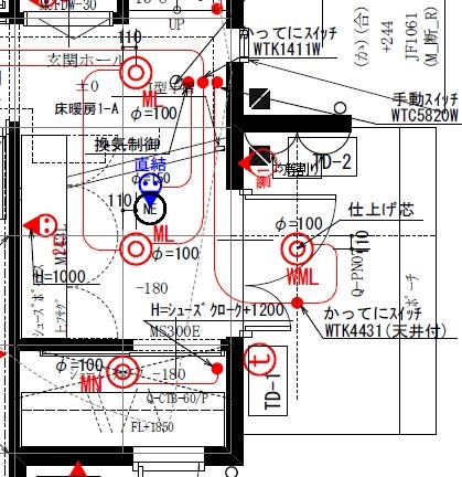 一条工務店i-smartのweb内覧会、玄関付近の電気図面