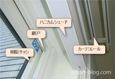 一条工務店i-smartで建てた我が家の開き窓の樹脂サッシ、網戸、ハニカムシェード、カーテンレールの位置関係