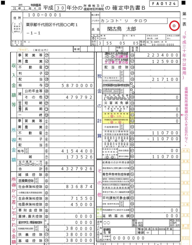 太陽光発電の雑所得を申告する場合の確定申告書Bの記入例