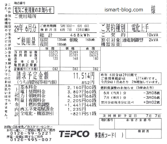 東京電力「電化上手」の電気使用量請求書(検針票)