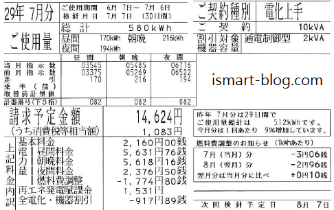 2017年7月分電化上手電気「ご使用料のお知らせ」