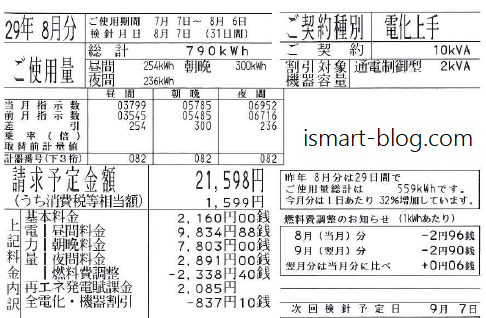 2017年8月分電化上手電気「ご使用料のお知らせ」