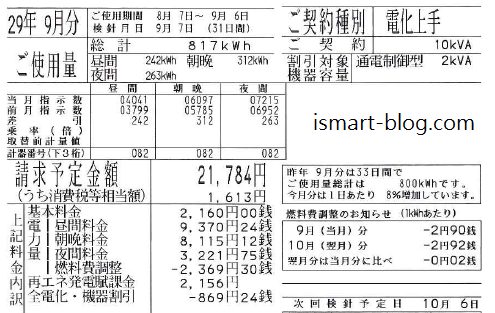 2017年9月分電化上手電気「ご使用料のお知らせ」