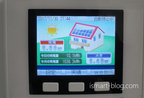 一条工務店の太陽光発電のリモコンを撮影した画像、11月30日現在の売電実績は1638kWhとなっていることが分かります。