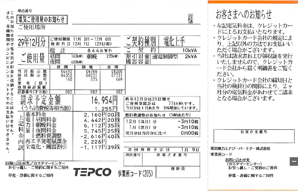 東京電力エナジーパートナーのオール電化向け電力プラン「電化上手」の電気使用量のお知らせ（検針票）