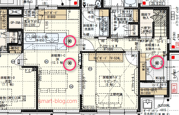 一条工務店i-smartの1F間取り図にPanasonic天井埋込型ナノイー発生器「エアイー」の設置場所をあらわしたもの