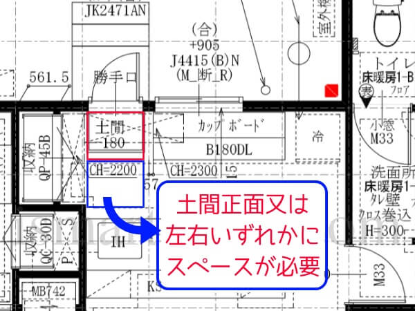 一条工務店i-smartの勝手口内土間の設置には２マスが必要となることを説明した平面図