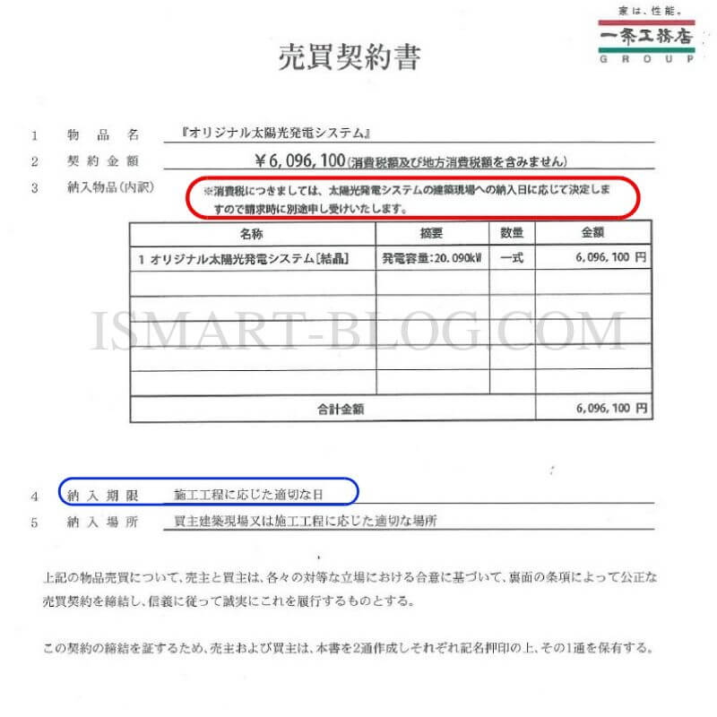 一条工務店の「オリジナル太陽光発電システム」の売買契約書